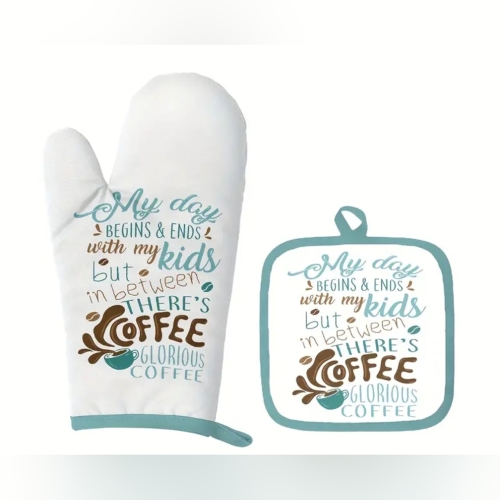 3 pc Coffee Oven Mitt, Pot Holder & Heart Spatula Set